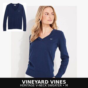 Vineyard Vines Heritage V-Neck Cotton Sweater Blue Classic Whale Logo Pullover M
